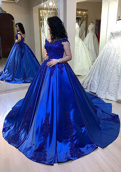 Blue Appliqued Sleeveless Ball Gown Long Prom Dress