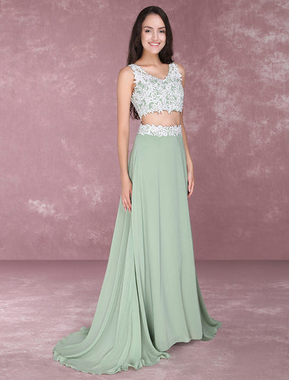 Light Green Chiffon Lace Applique Two-Piece Prom Dress