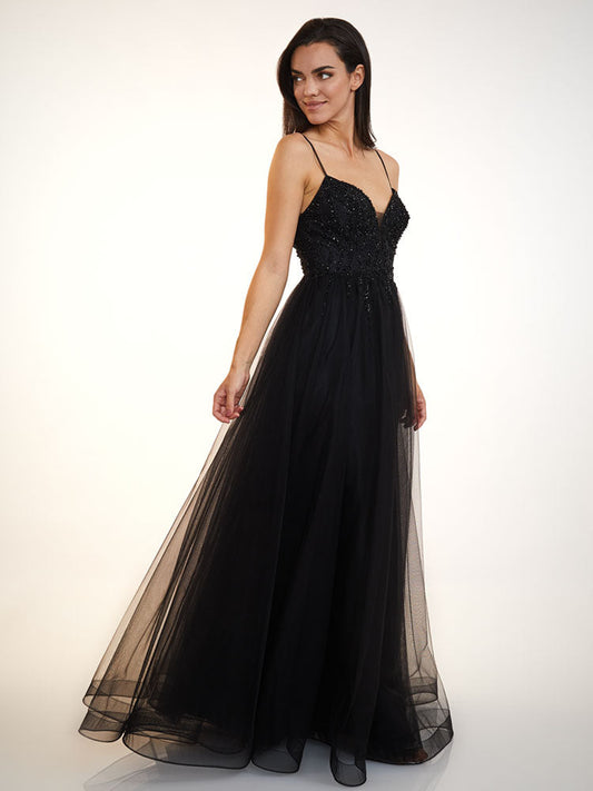 Black Sweetheart Neck A-Line Beadings Pleated Prom Dress