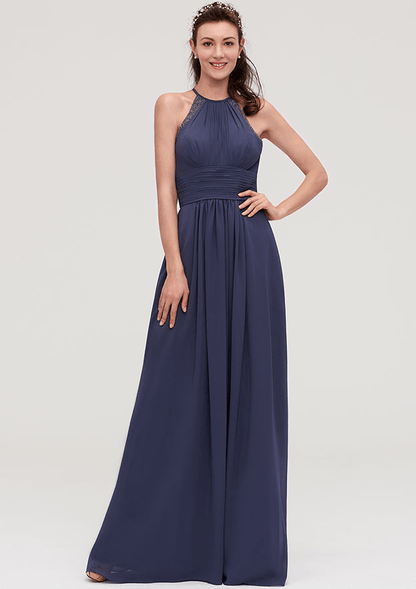 A-Line Steel Blue Halter Neck Backless Maxi Bridesmaid Dress