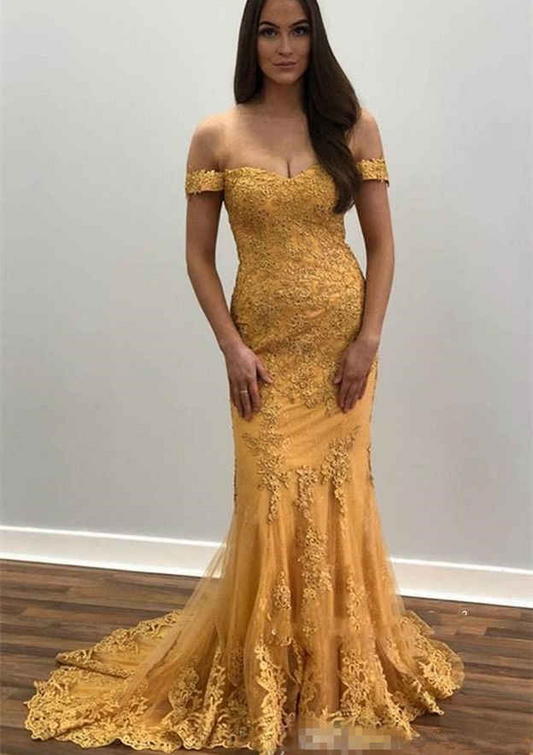 Gold Appliqued Off-Shoulder Brush Train Prom Dress