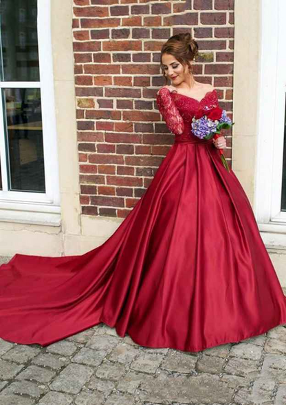 Crimson Lace V Neck Long Sleeves Brush Train Prom Dress