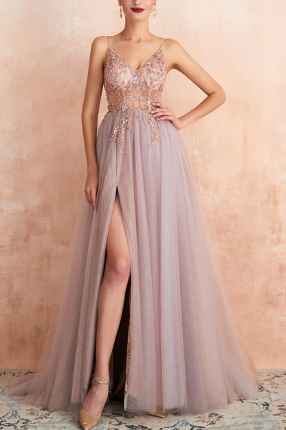 Pink Embroidered V Neck High Slit Prom Dress