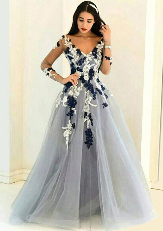 Silver Appliqued V Neck Full Sleeves Long Prom Dress