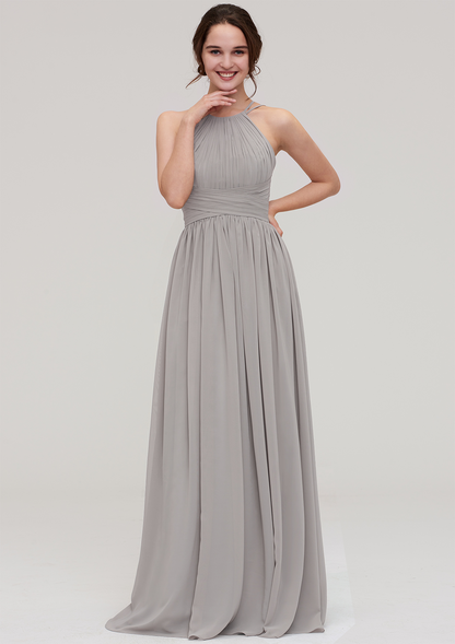 Silver Hanging Neck Sleeveless Maxi Bridesmaid Dress