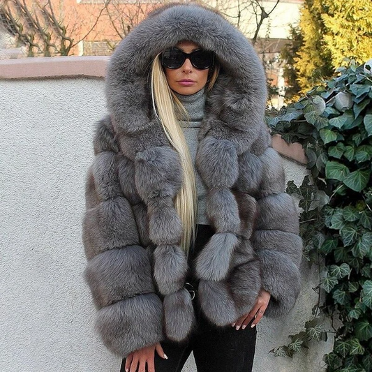 Faux Fur Long Sleeves Hooded Coat