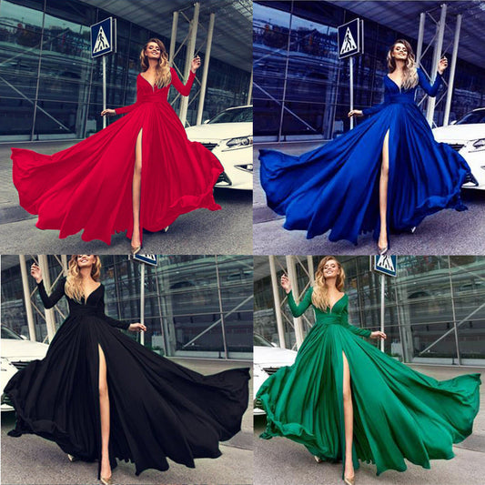 Satin Deep V-Neck Long Sleeves Split Front Prom Party Dress