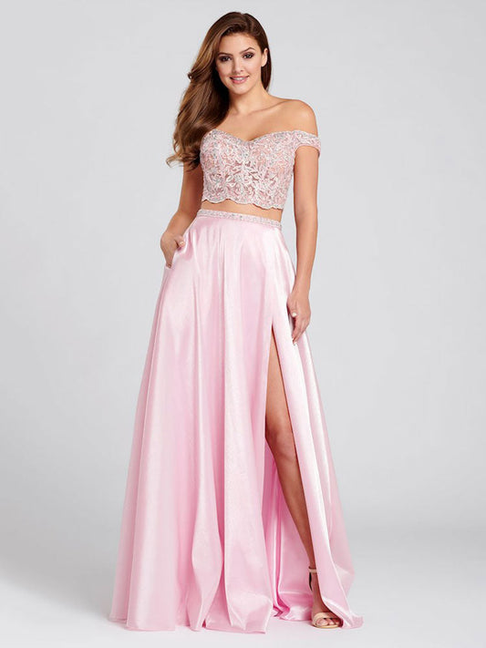 Pink Satin Lace Embroidered Two-Piece Prom Dress