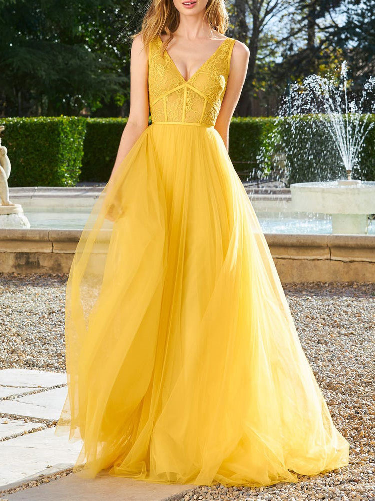 Yellow Lace Deep V Neck Sleeveless Backless Prom Dress