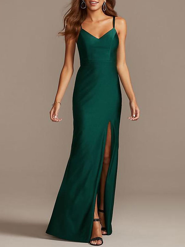 Dark Green V Neck Spaghetti Strap Slit Bridesmaid Dress