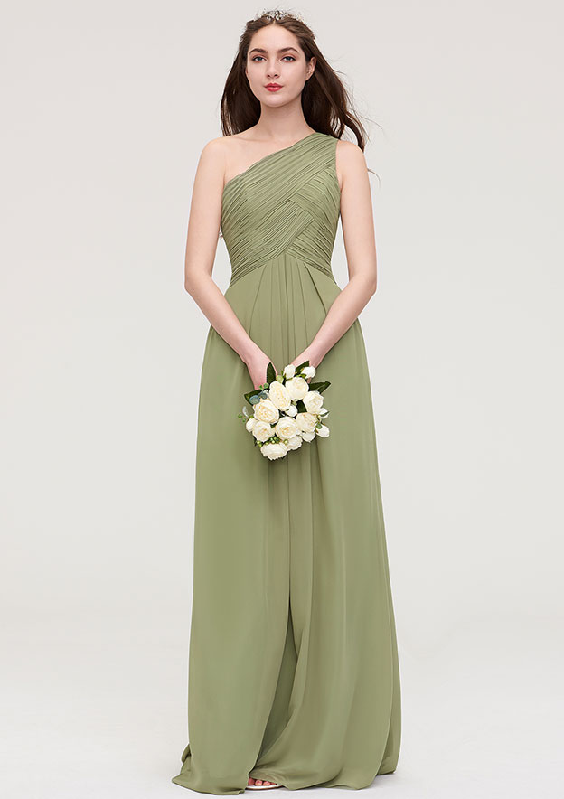 Dark Khaki Oblique Shoulder Sleeveless Bridesmaid Dress