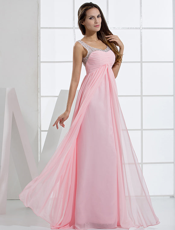 Pink Chiffon Rhinestone Pleated Backless Bridesmaid Dress