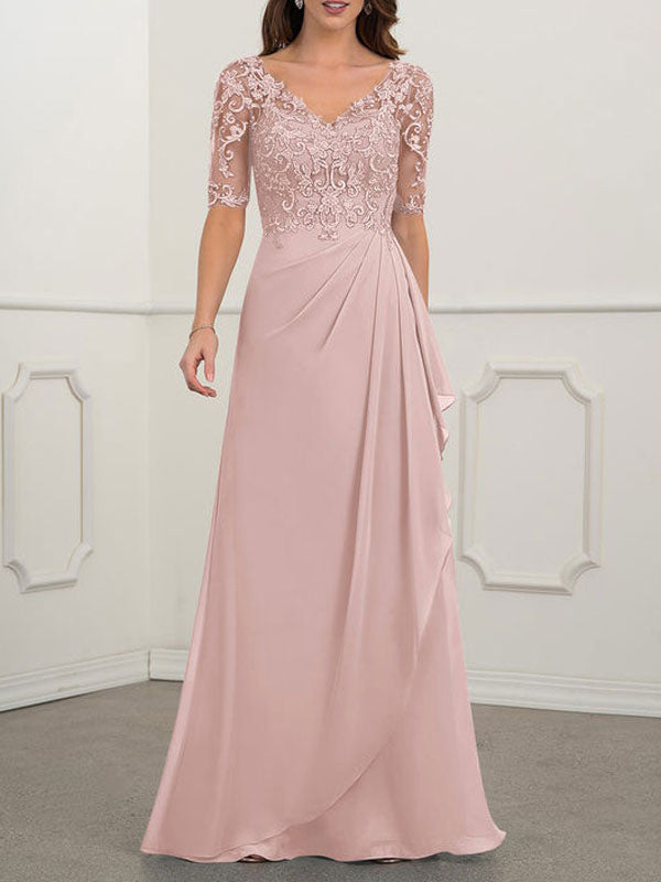 Pink Lace V-Neck Short Sleeves A-Line Bridesmaid Dress