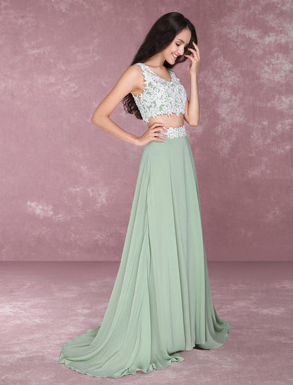 Light Green Chiffon Lace Applique Two-Piece Prom Dress