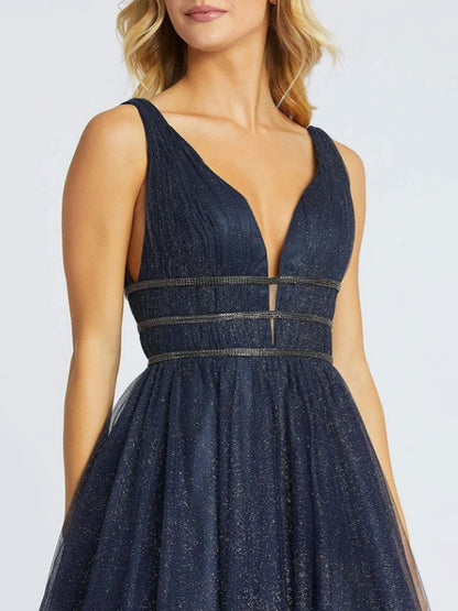 Dark Navy Princess V-Neck Sleeveless Sequin Tulle Party Dress