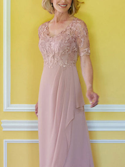 Pink Lace V-Neck Short Sleeves A-Line Bridesmaid Dress