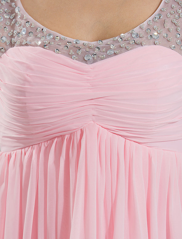 Pink Chiffon Rhinestone Pleated Backless Bridesmaid Dress