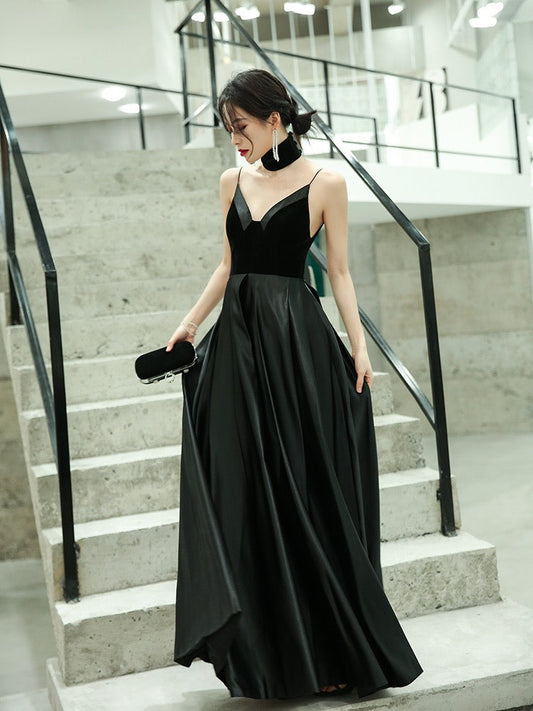 Black Satin V-Neck Spaghetti Straps Velour Floor-Length Bridesmaid Dress