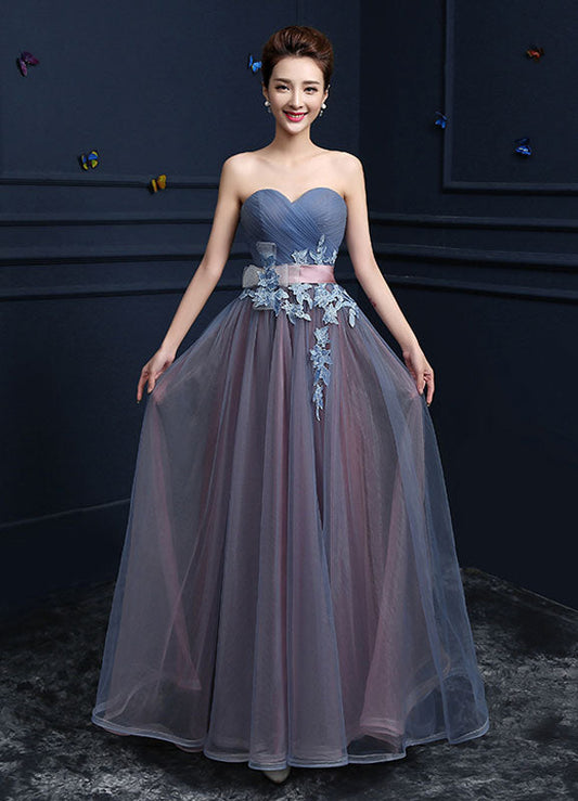 Steel Blue Applique Lace Up Strapless Tulle Floor Length Party Dress