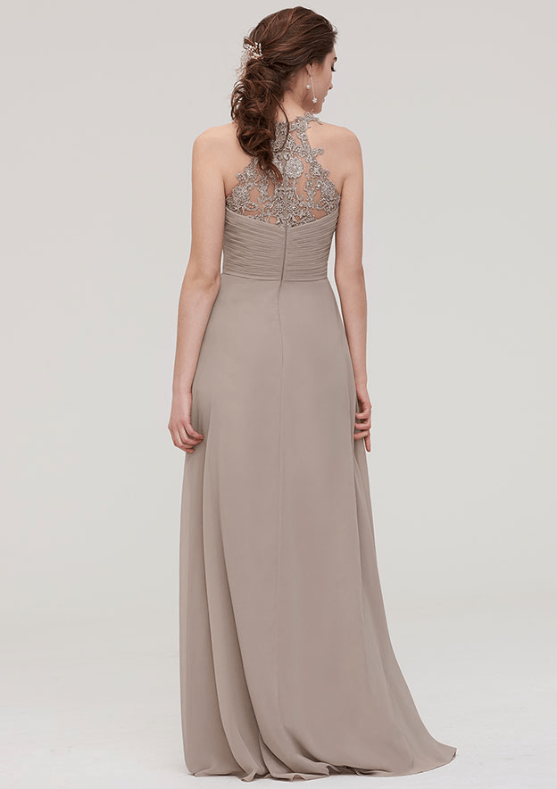 A-Line Wheat Sleeveless Pleated Maxi Bridesmaid Dress