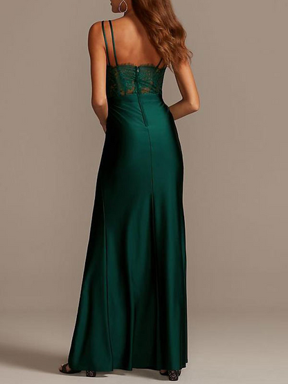 Dark Green V Neck Spaghetti Strap Slit Bridesmaid Dress