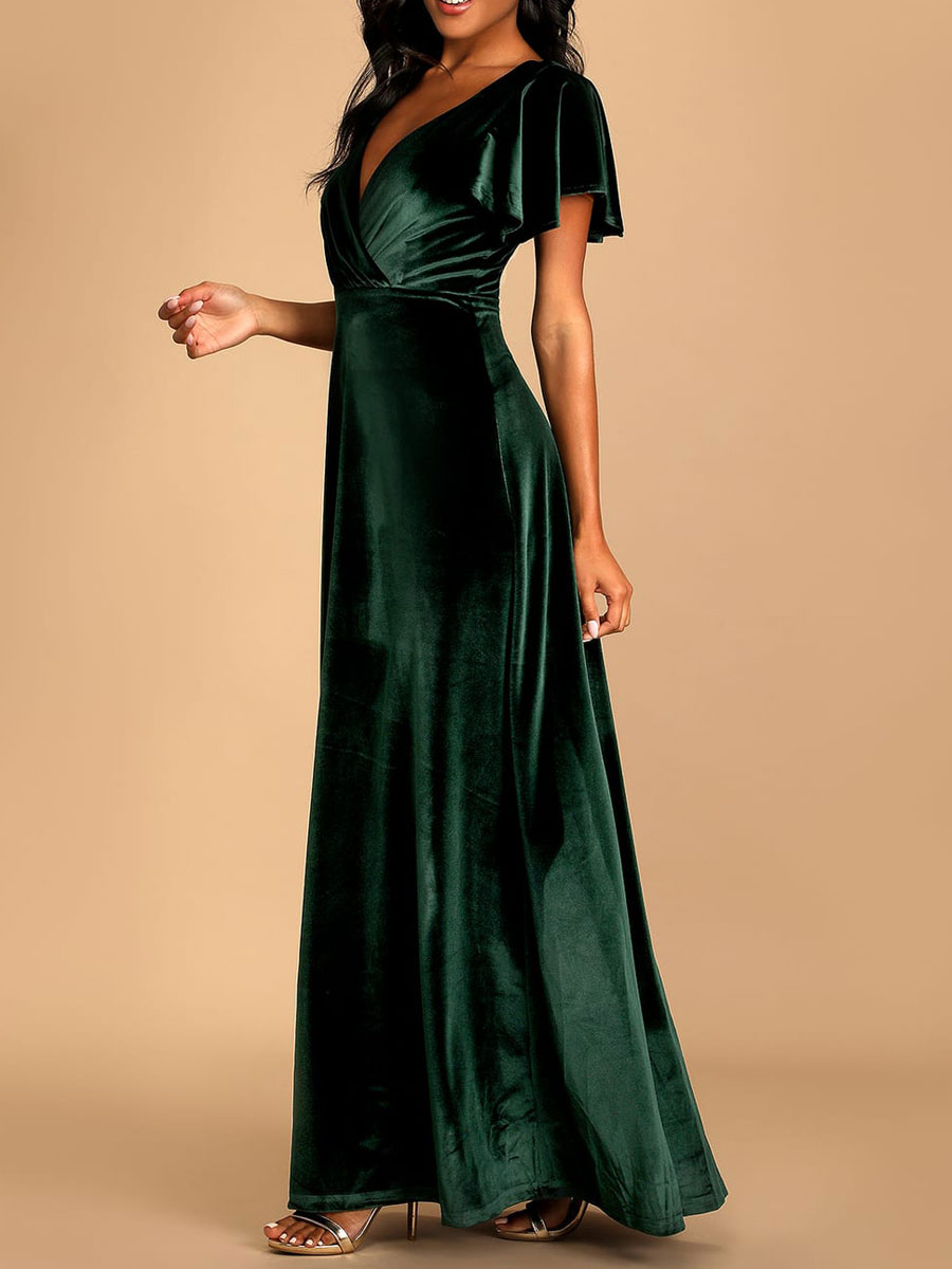 Dark Green V Neck Deep Back Short Sleeves Bridesmaid Dress