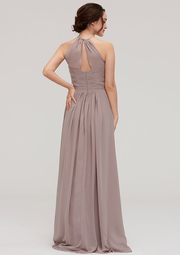 Tan Hanging Neck Sleeveless Maxi Bridesmaid Dress