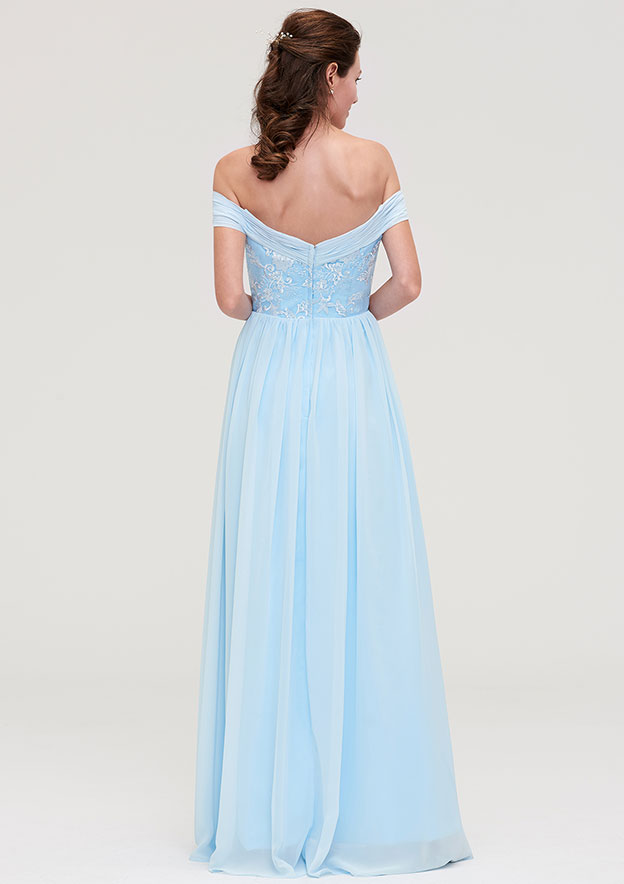 Pale Turquoise Appliqued Off-Shoulder Bridesmaid Dress