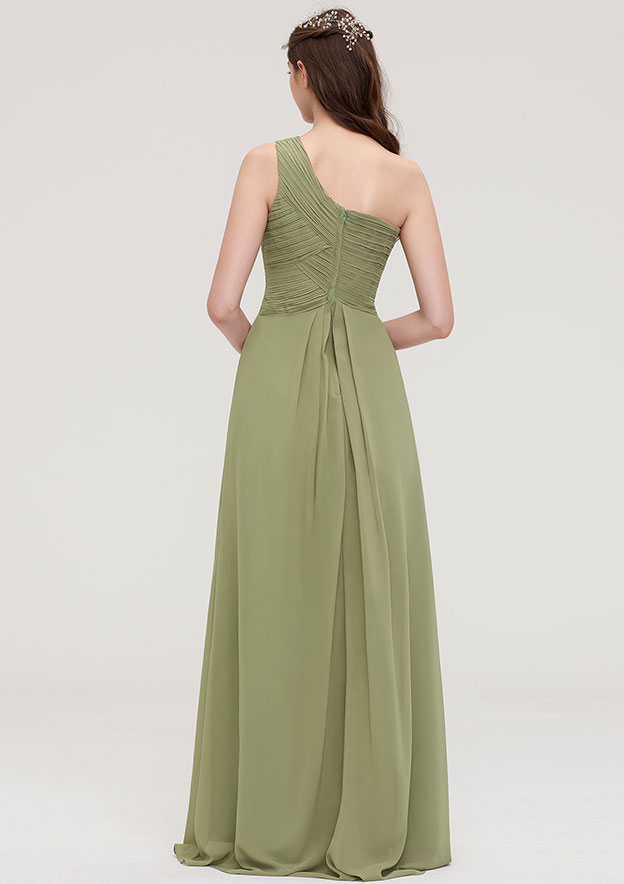 Dark Khaki Oblique Shoulder Sleeveless Bridesmaid Dress