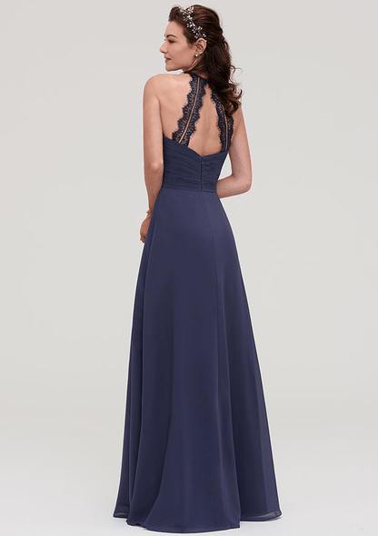 A-Line Steel Blue Halter Neck Backless Maxi Bridesmaid Dress