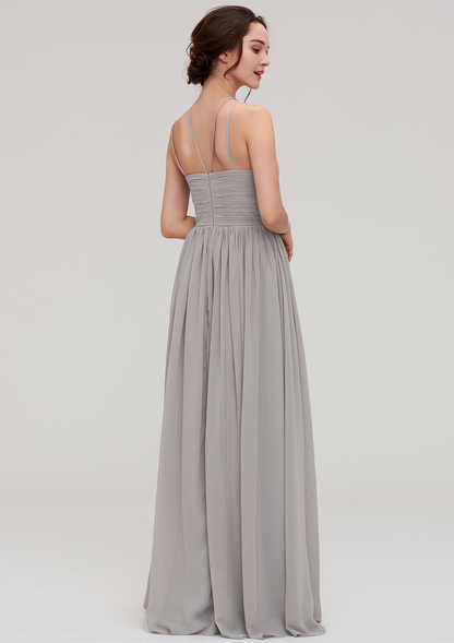 Silver Hanging Neck Sleeveless Maxi Bridesmaid Dress