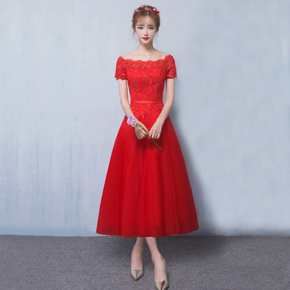 Red Mesh Lace Embroidered Formal Evening Dress