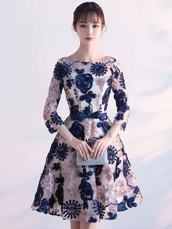 Satin Floral Embroidered Long Sleeves Prom Dress