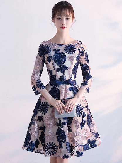 Satin Floral Embroidered Long Sleeves Prom Dress