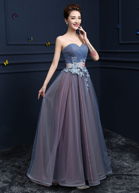 Steel Blue A-Line Applique Strapless Sleeves Prom Dress