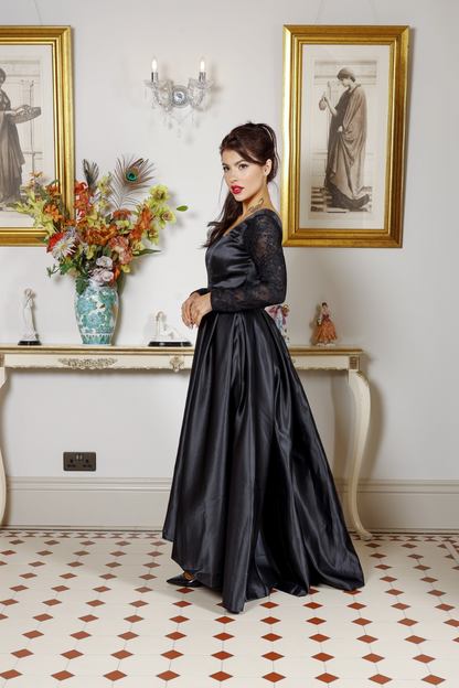 Black Satin V-Neck Lace Embroidered Long Sleeve Prom Dress