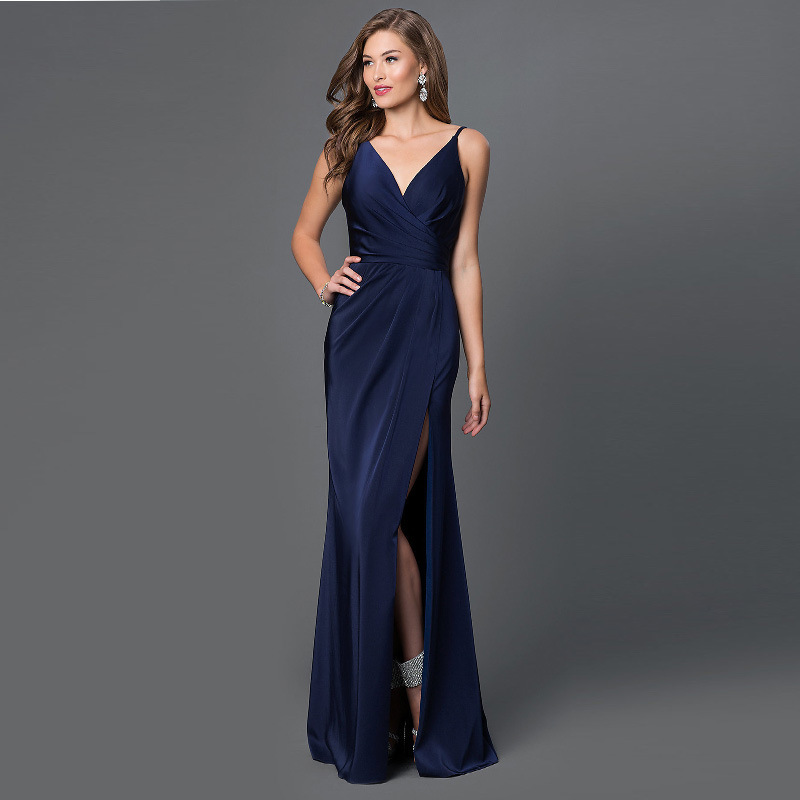 Deep V Neck Sleeveless High Slit Long Evening Dress