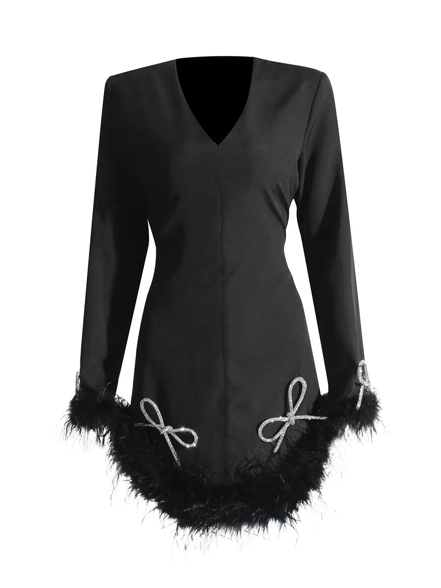 Black V-Neck Long Sleeved Fur Detailing Party Dress