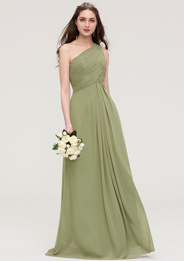 Dark Khaki Oblique Shoulder Sleeveless Bridesmaid Dress