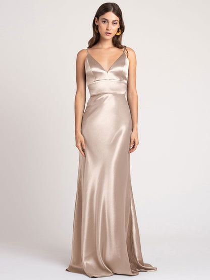 Satin Matte Deep V-Neck Sleeveless Floor-Length Bridesmaid Dress