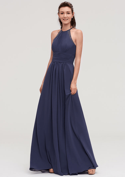 A-Line Steel Blue Halter Neck Backless Maxi Bridesmaid Dress