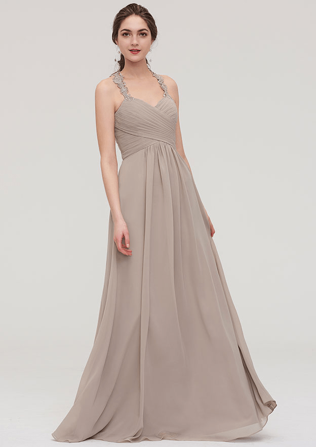 A-Line Wheat Sleeveless Pleated Maxi Bridesmaid Dress