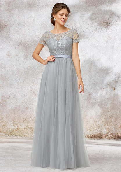 Silver Lace Short Sleeves Maxi Bridesmaid Dress