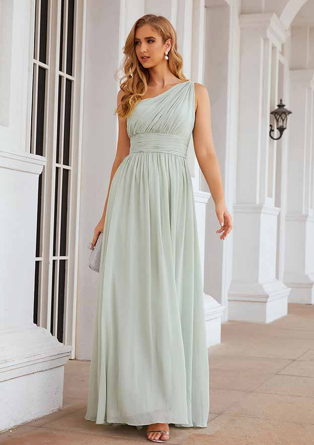 White Smoke Oblique Shoulder Sleeveless Bridesmaid Dress