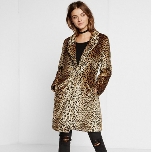 Faux Fur Leopard Printed Midi Coat