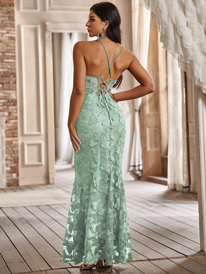 Lace Appliqued Backless Maxi Bridesmaid Dress