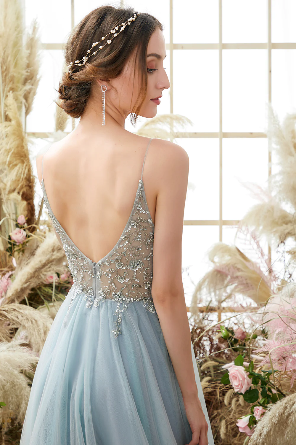 Beaded Spaghetti Strap Sleeveless Prom Dress