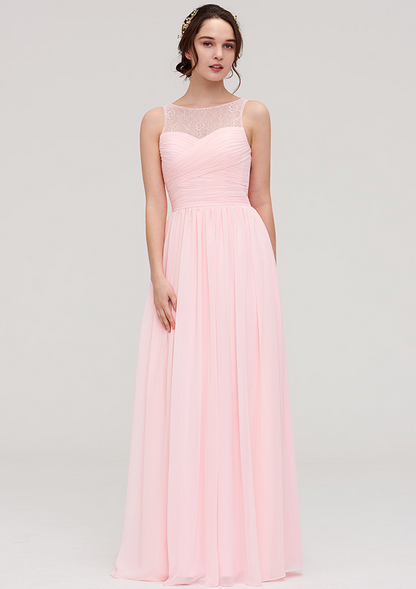 Papaya Whip Jewel Neck Sleeveless Maxi Bridesmaid Dress