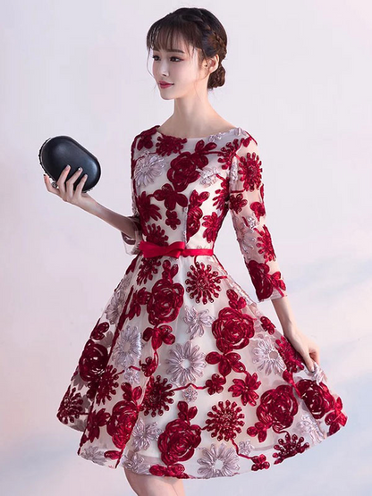 Satin Floral Embroidered Long Sleeves Prom Dress