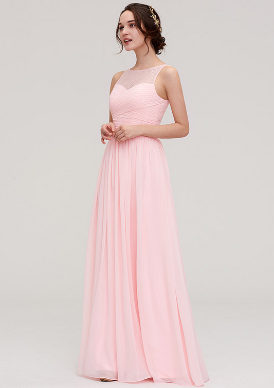 Papaya Whip Jewel Neck Sleeveless Maxi Bridesmaid Dress